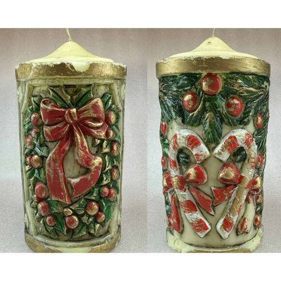 Vintage Lenox Christmas Candles Handpainted Wreath w Bow & Candy Canes 1970's